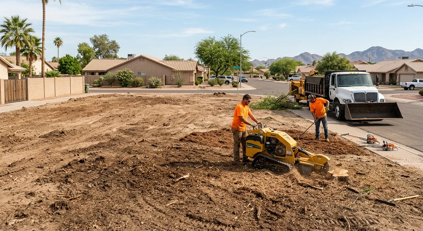 Wide shot of a cleared residential lot after tree removal in Tolleson