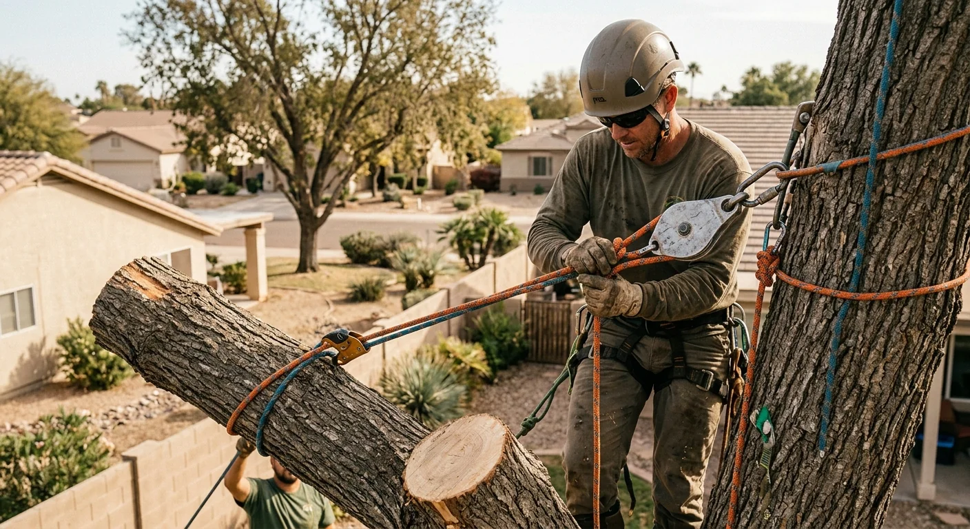 Close-up of arborist using rigging rope to lower a heavy tree limb