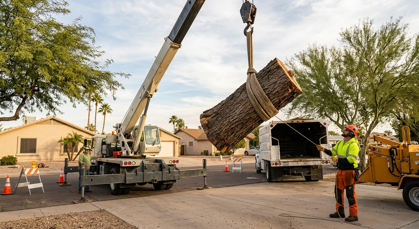 Crane lifting an oversized trunk section during a removal job