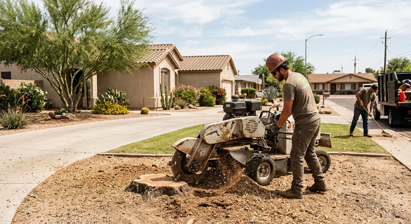 Stump grinder finishing a removed tree base on a home property