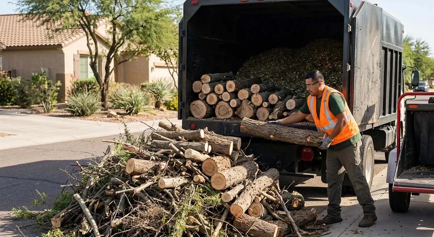 Neatly stacked brush and logs loaded for cleanup after removal
