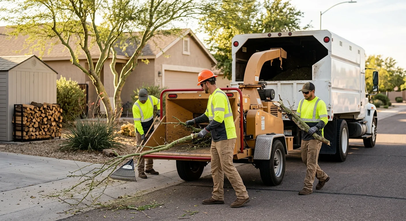 Tree Removal crew safely dismantling a tall tree near a Tolleson home