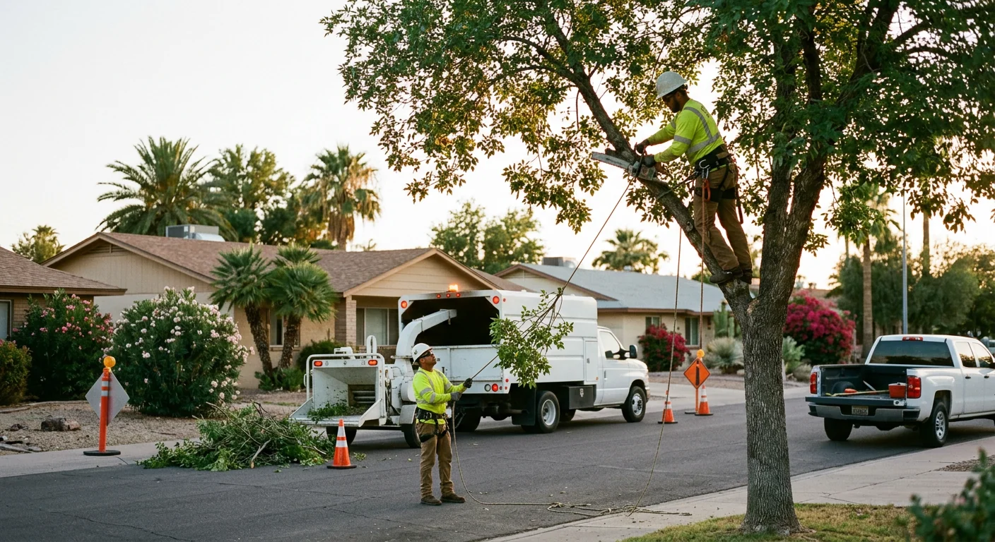 Arborist inspecting a mature tree trunk for structural defects on a Tolleson property