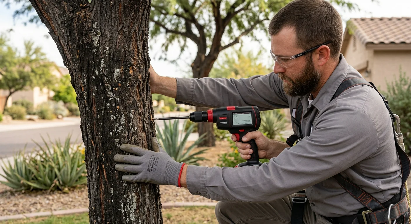 Close-up of resistance drill checking internal wood soundness on a shade tree