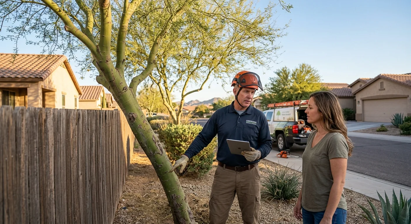 Wide shot of leaning palo verde being evaluated near a residential fence line