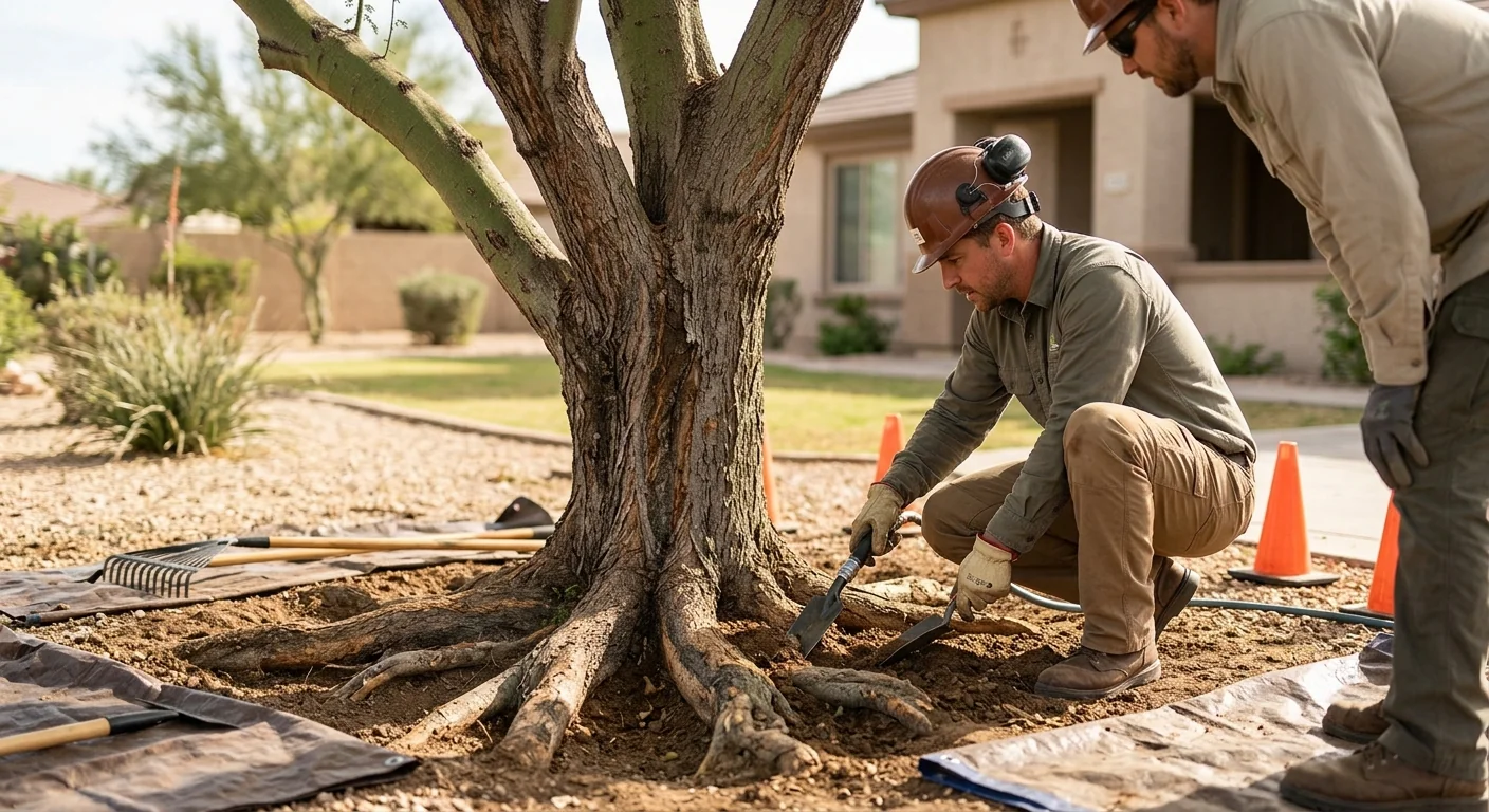 Root collar excavation revealing structural roots during a risk inspection