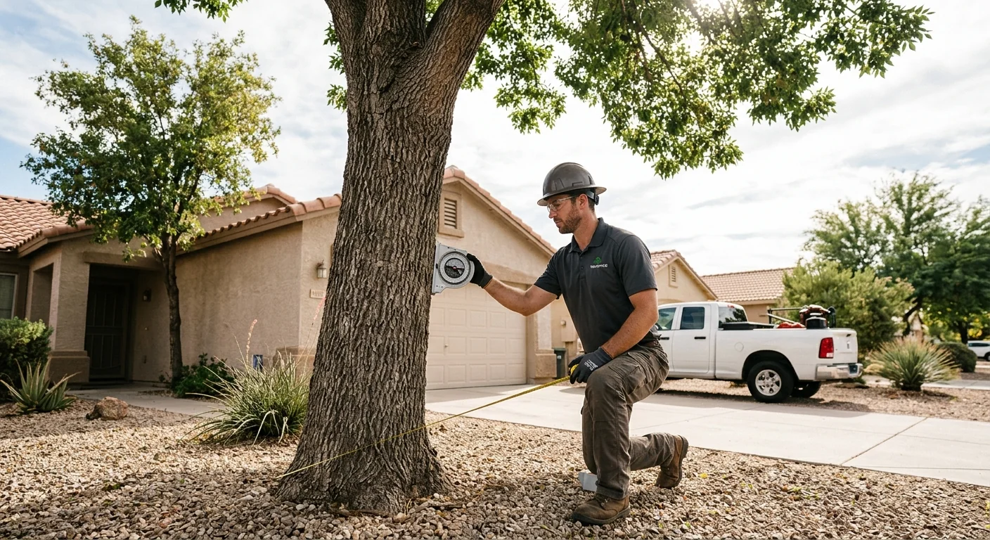 Assessor measuring lean angle on a tall ash tree beside a home