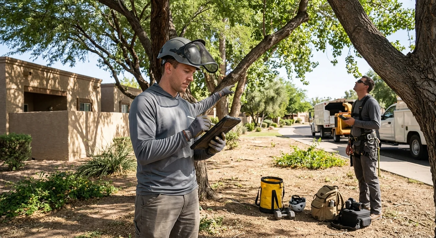 Inspector documenting canopy load distribution across an HOA common area
