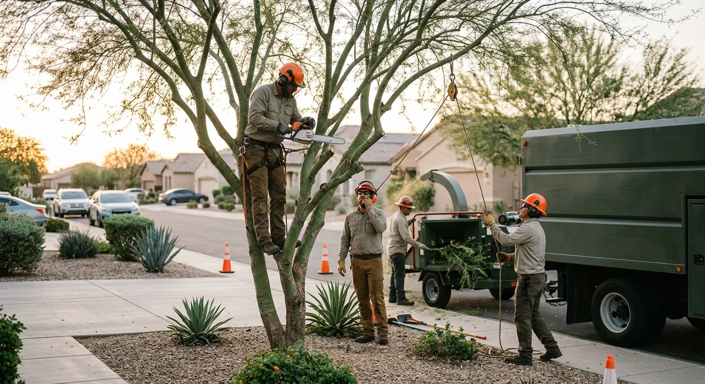 Certified arborist reviewing a tree risk report with a homeowner at a Tolleson home
