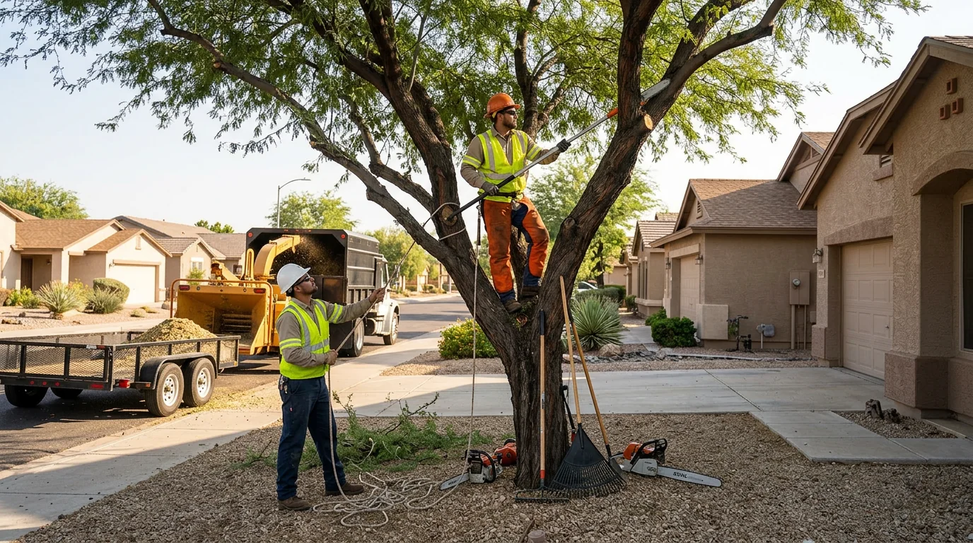 Arborist reviewing a pruning plan with a homeowner on a Tolleson residential property