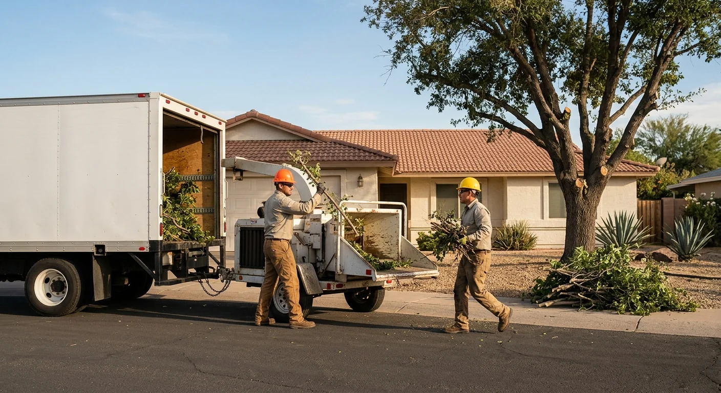 Tree service crew reviewing a written estimate with a Tolleson homeowner outside