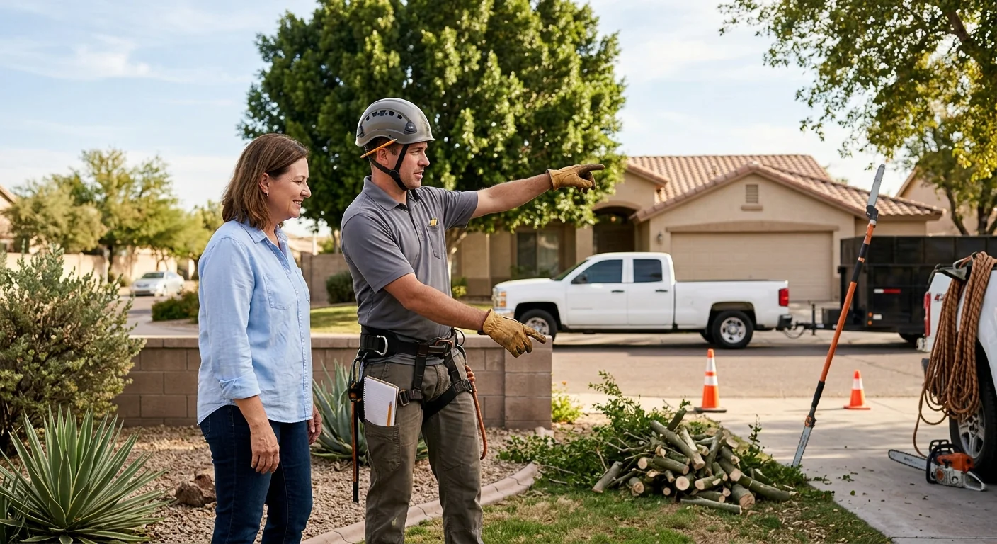 Tree service crew reviewing an estimate with a homeowner beside a shade tree in Tolleson