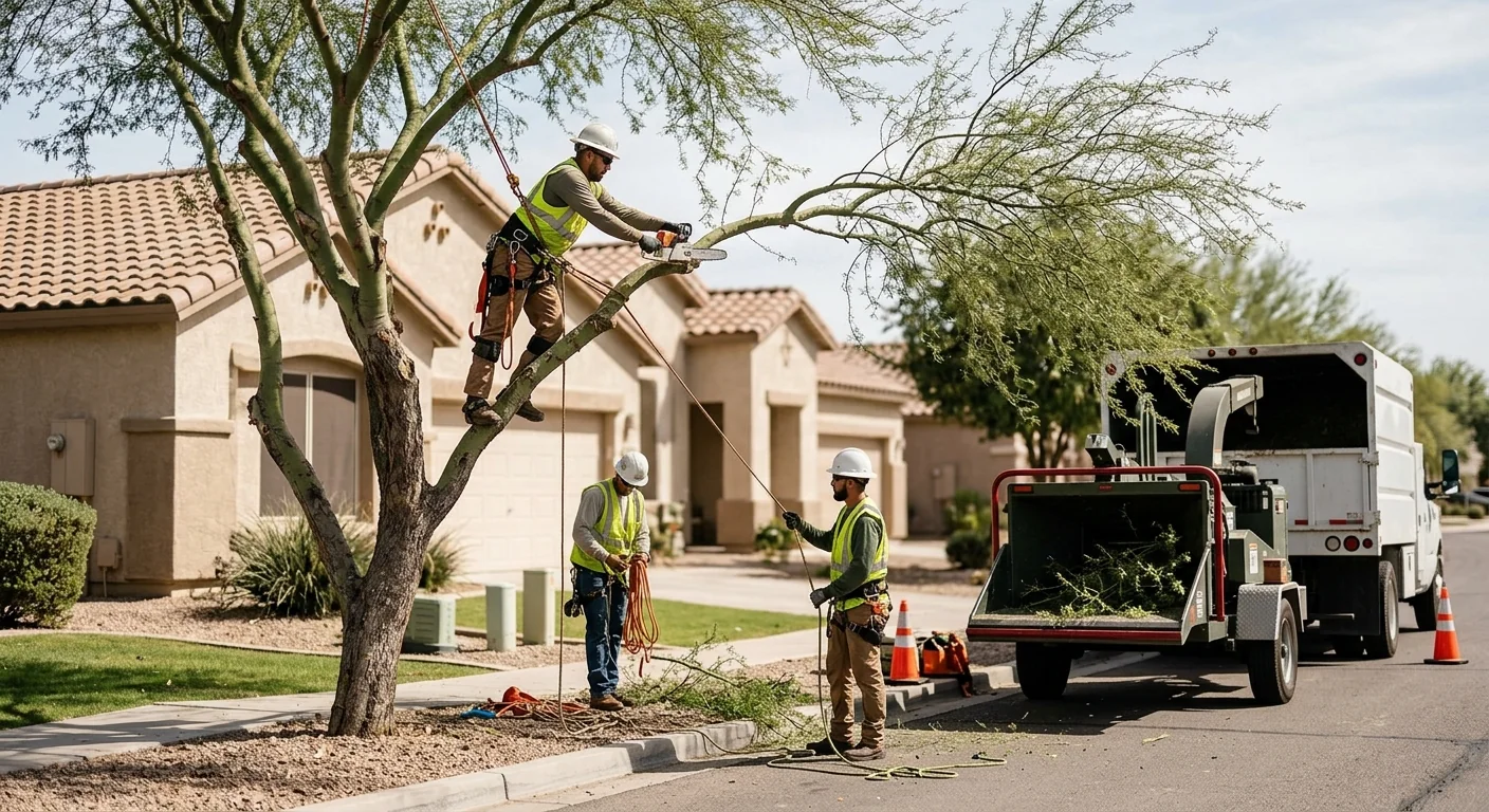 Tree service crew trimming palms at a commercial property in the West Valley near Tolleson