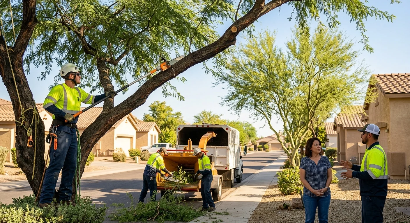 Residential street lined with mature trees in a Tolleson neighborhood on a clear day