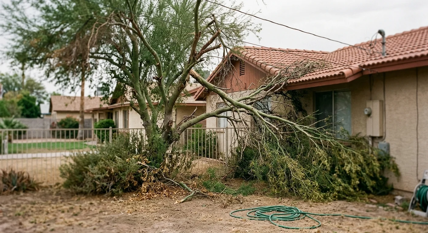 Arborist inspecting a storm-damaged desert tree canopy at a Tolleson home
