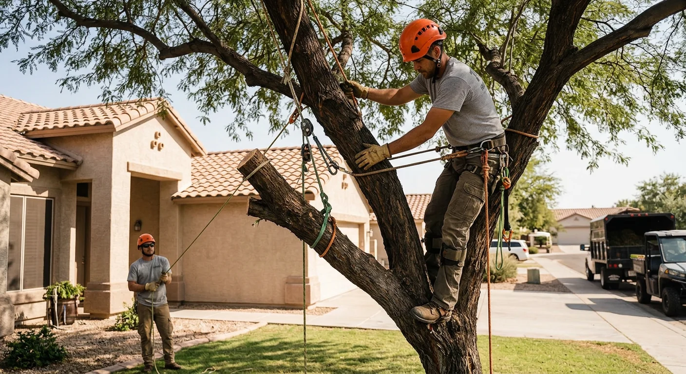 Arborist using rope rigging to lower a large tree section near a home