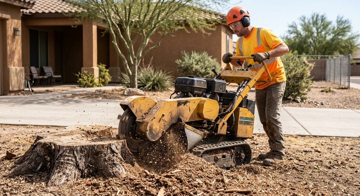 Close-up of a stump grinder reducing a hardwood stump to mulch