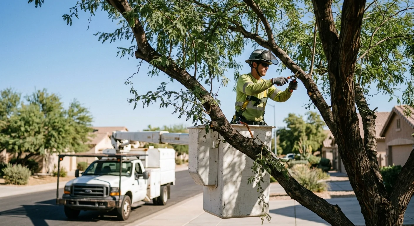Crew member on aerial lift performing crown thinning on a tall desert tree
