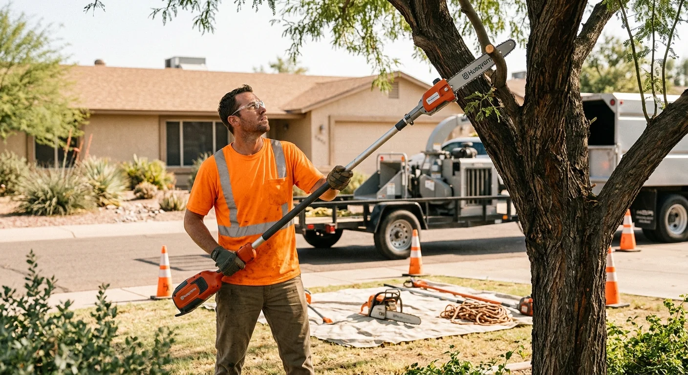 Arborist inspecting rigging and chainsaw before tree work