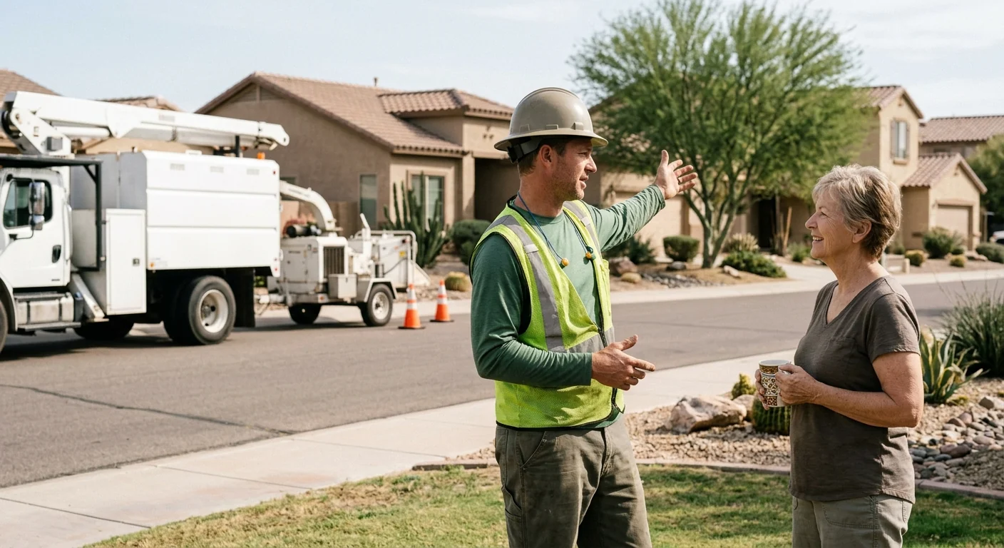 Uniformed crew reviewing a completed tree job with a Tolleson homeowner