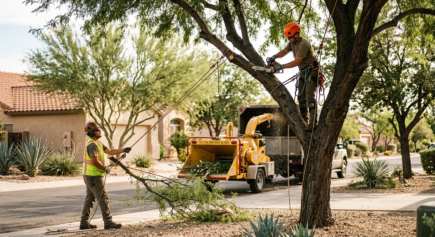 Arborist trimming a mature tree canopy in a Tolleson residential yard