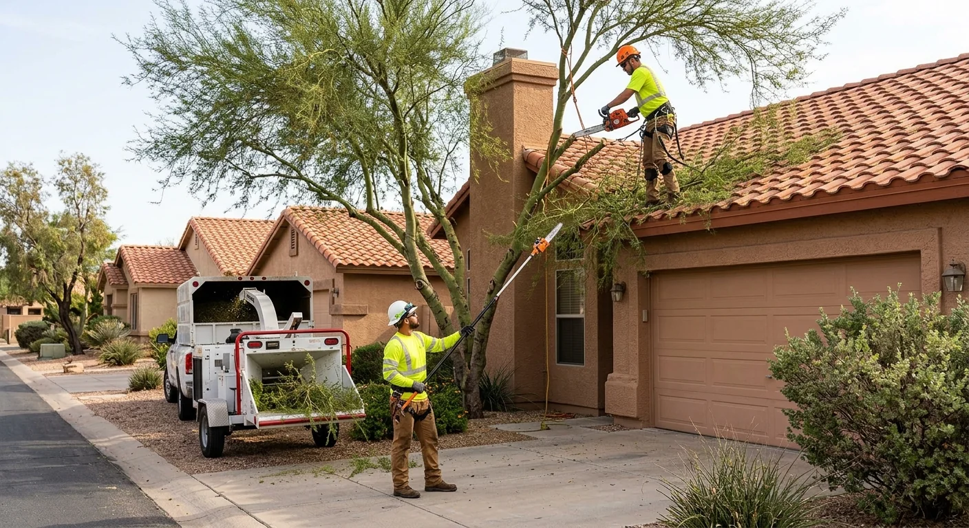 Overgrown tree canopy crowding a home roofline in Tolleson