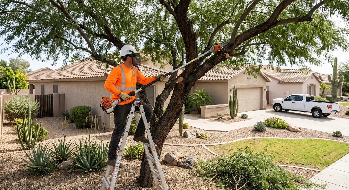Arborist crown thinning a mature mesquite tree in a Tolleson backyard