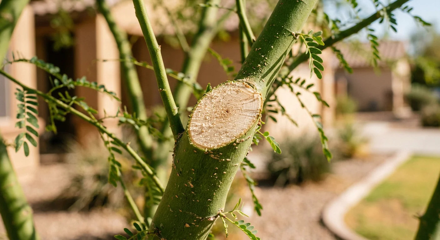 Close-up of clean directional pruning cut on a palo verde branch