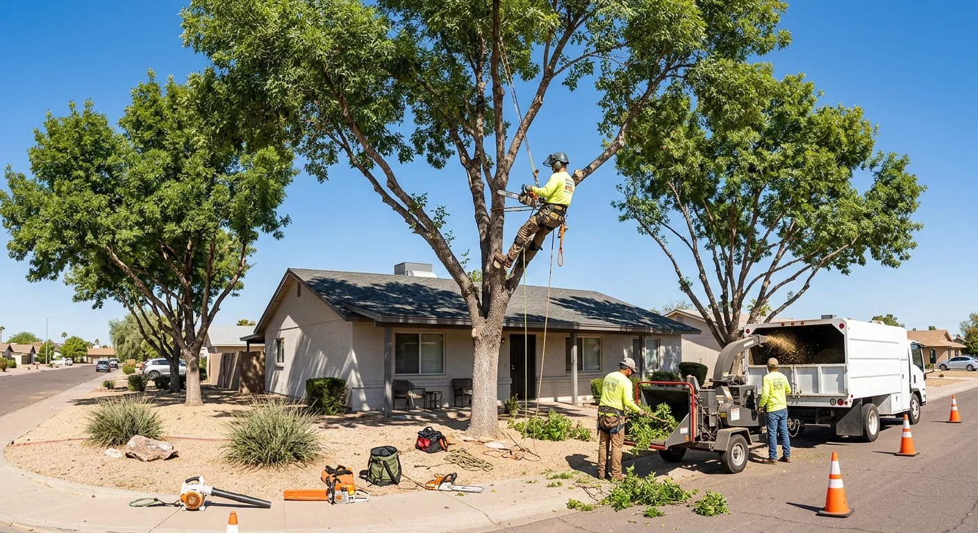 Wide view of trimmed shade trees cleared away from a Tolleson rooftop