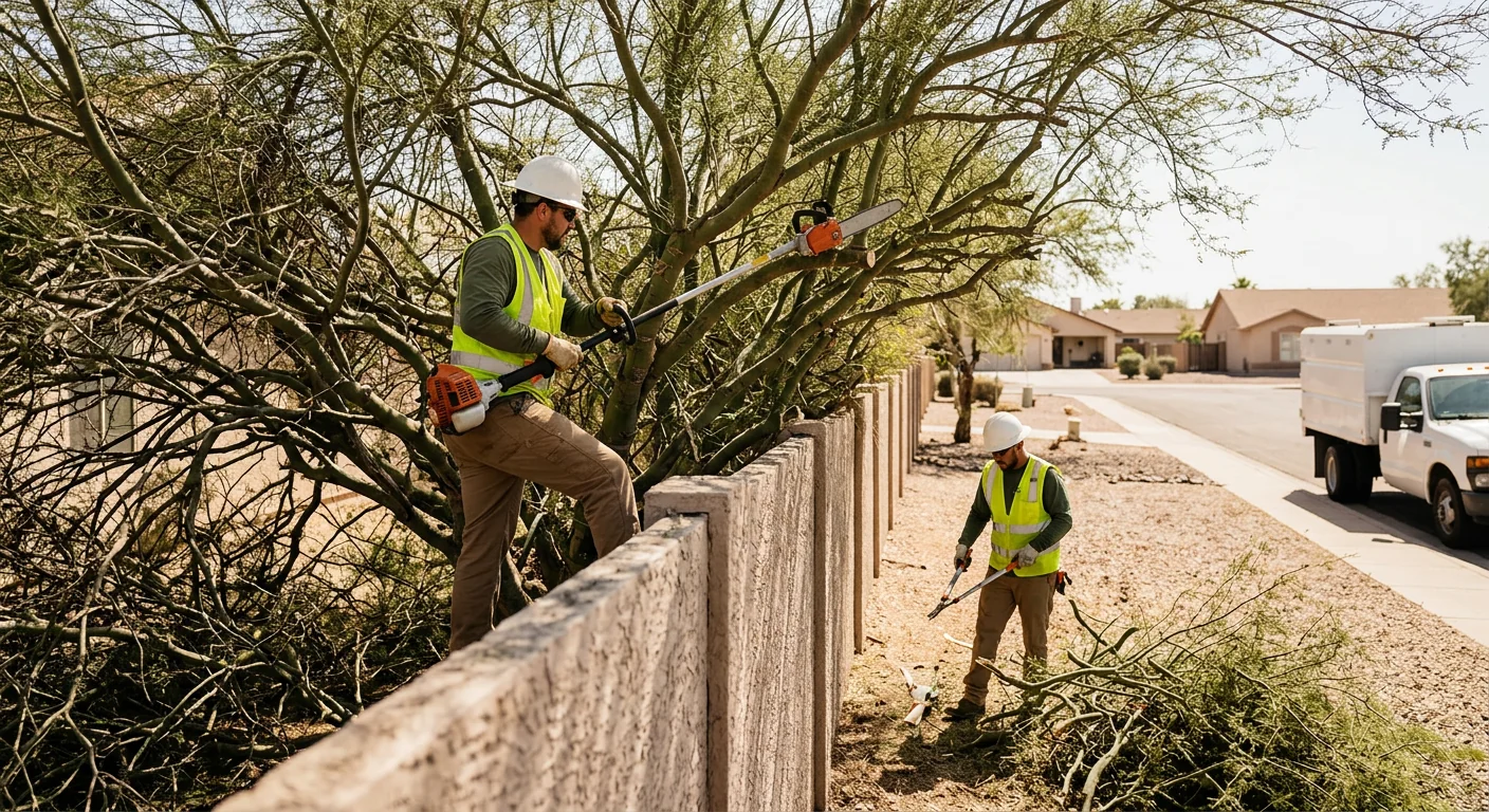 Before-context photo of an overgrown tree crowding a property line fence
