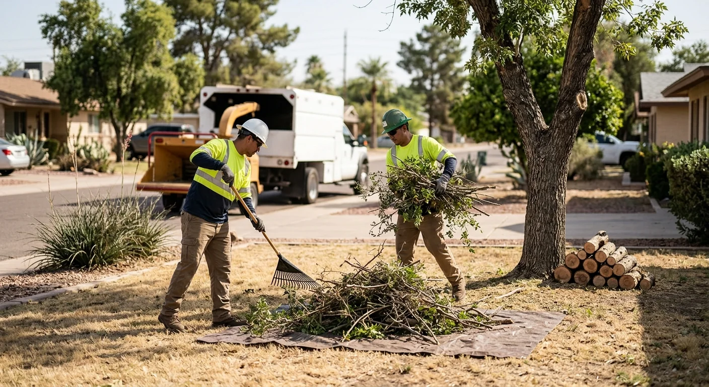 Ground crew gathering trimmed brush into a neat pile for hauling