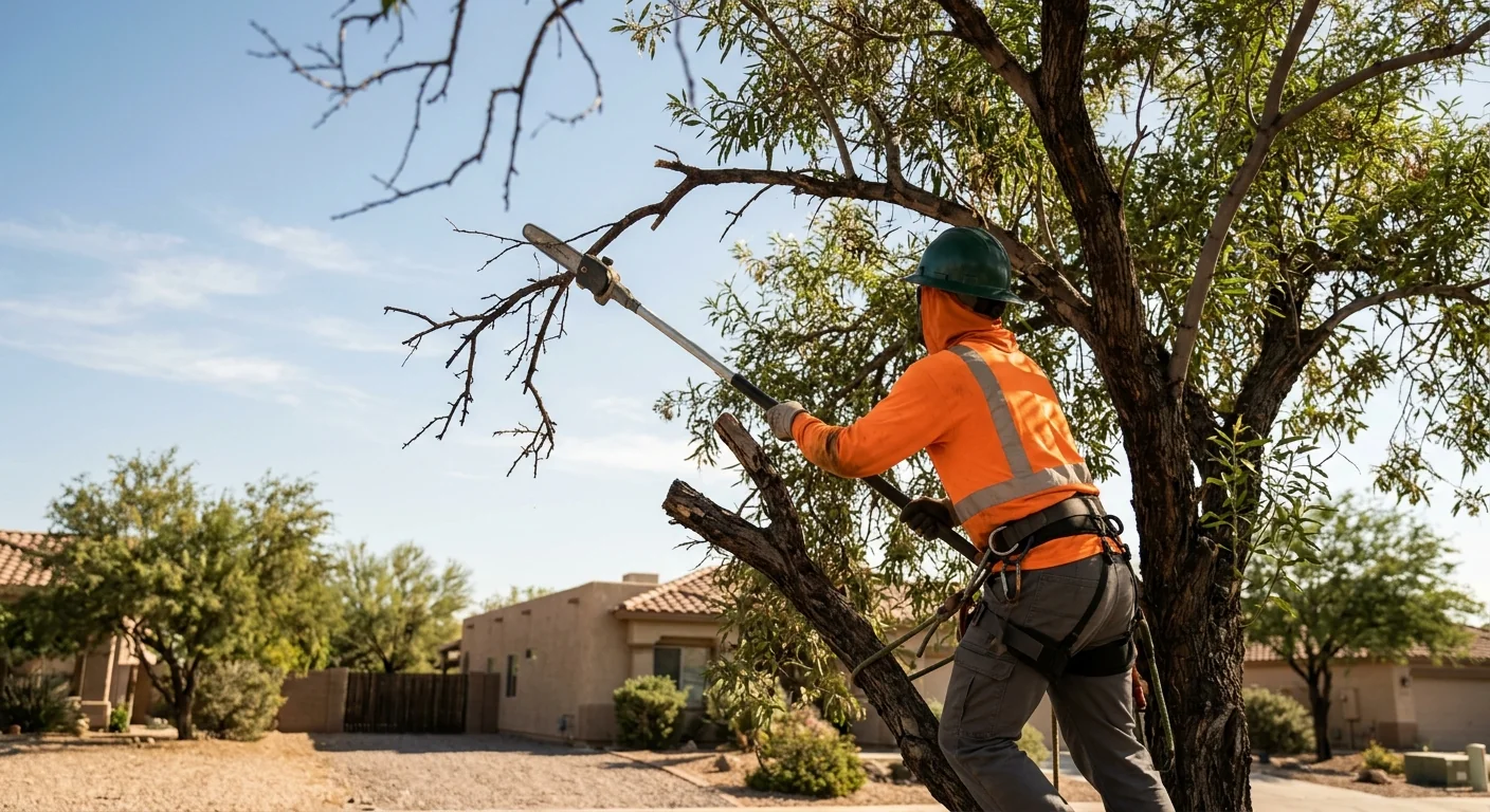 Deadwood removal on a tall desert tree using an extension pole saw