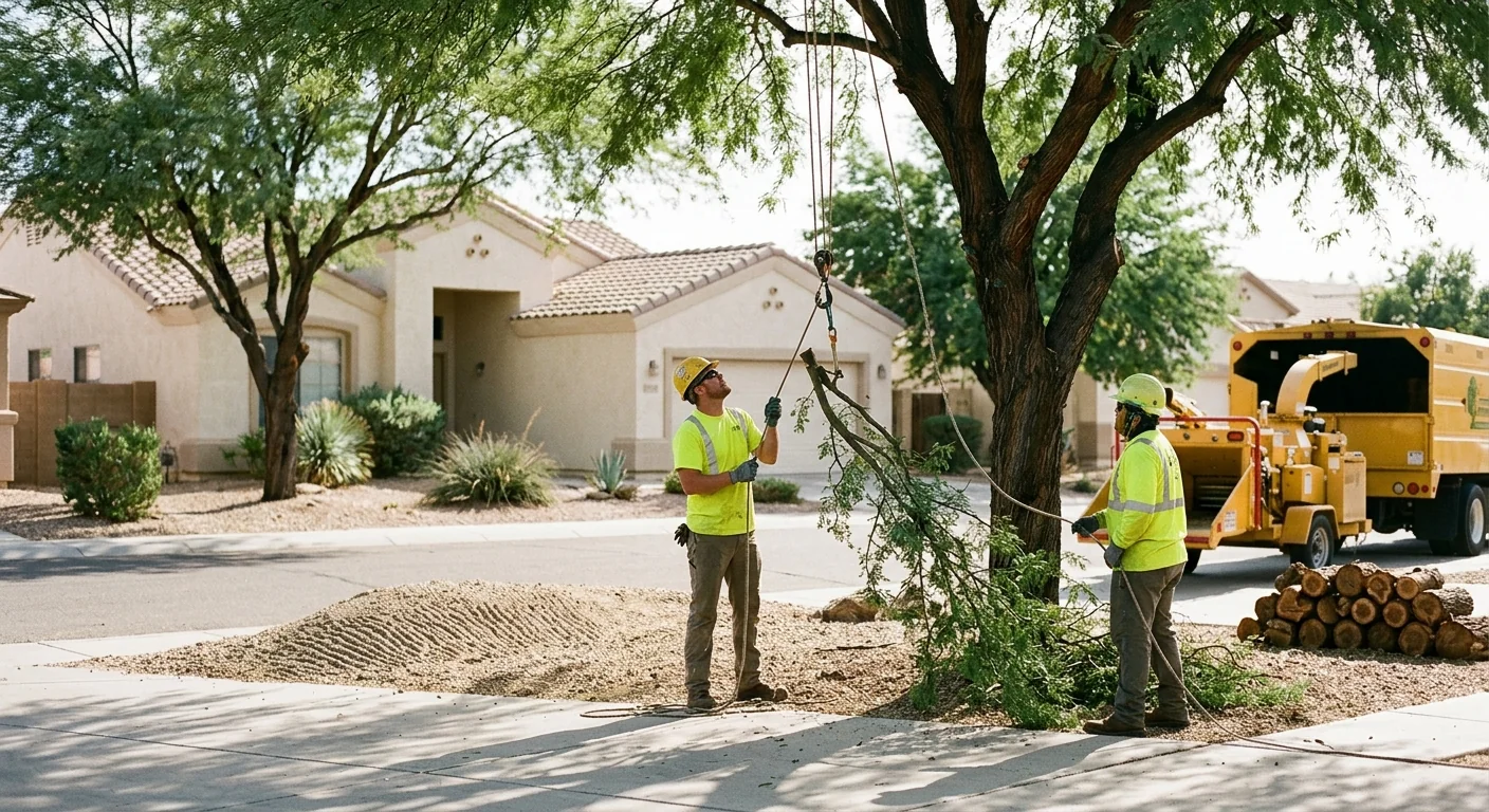 Tree Trimming crew shaping a canopy with rigging on a Tolleson property